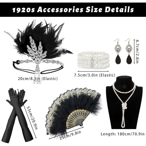 1920s Flapper Accessories Set Gatsby Headband Pearl Necklace 20s Theme main image 5